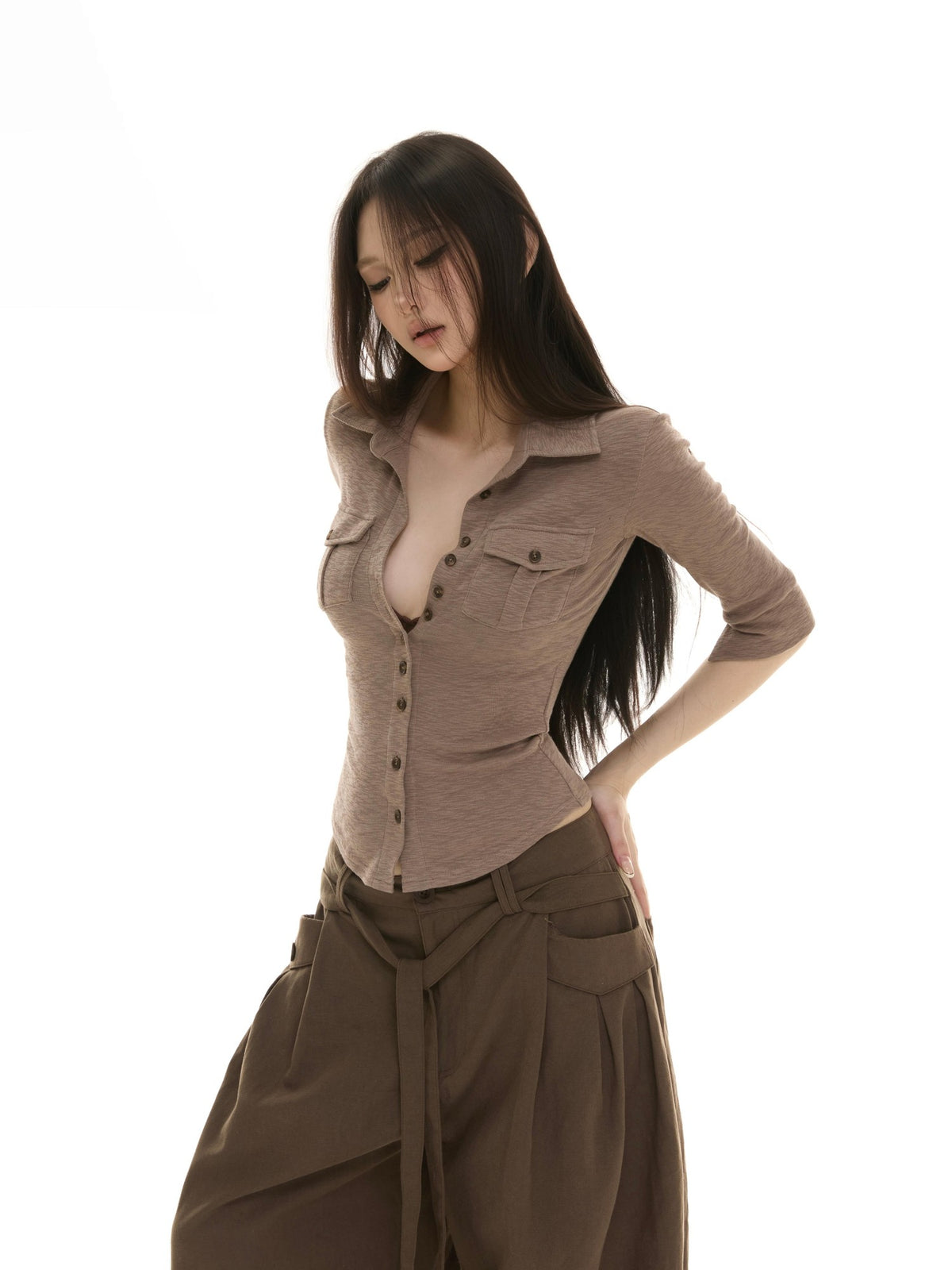 itsdinn Coffee Patch Pocket Button Front Women&