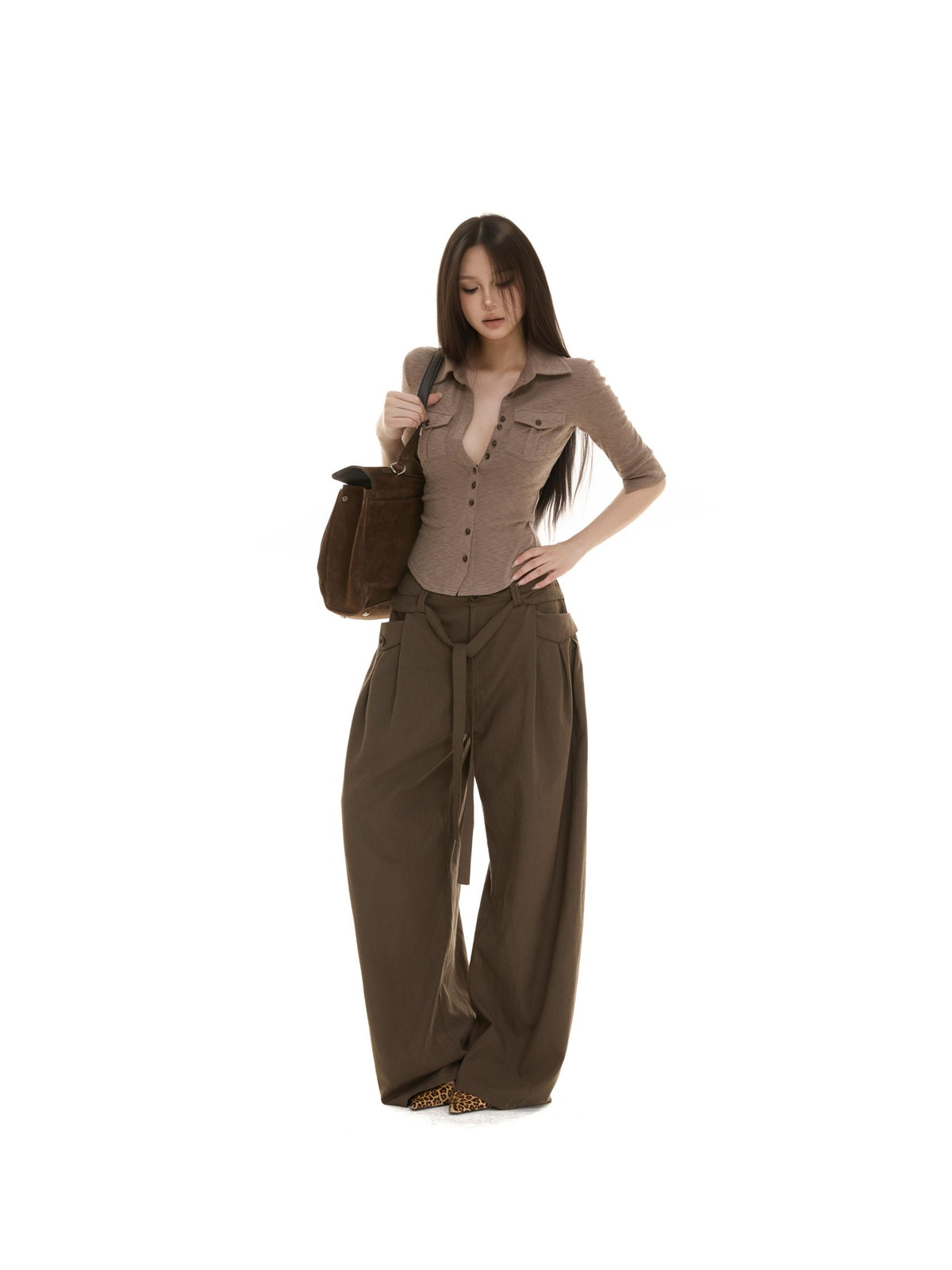 itsdinn Coffee Patch Pocket Button Front Women&