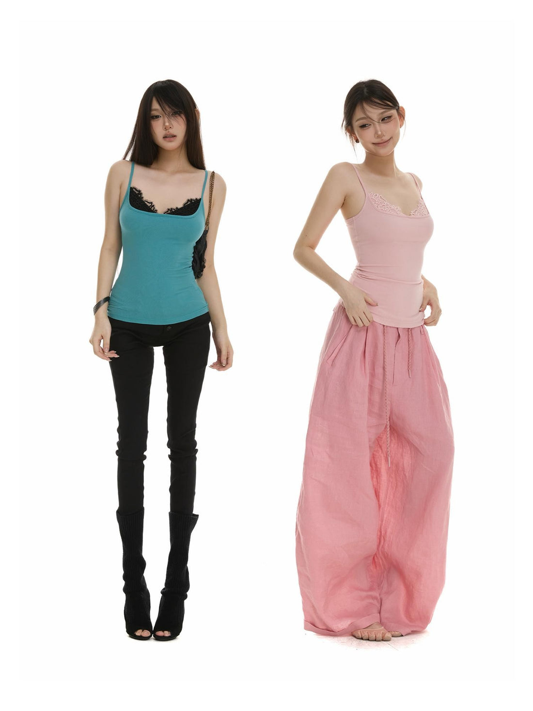 itsdinn Colorblock Square Neck Faux Two Piece Waist Slim Women&