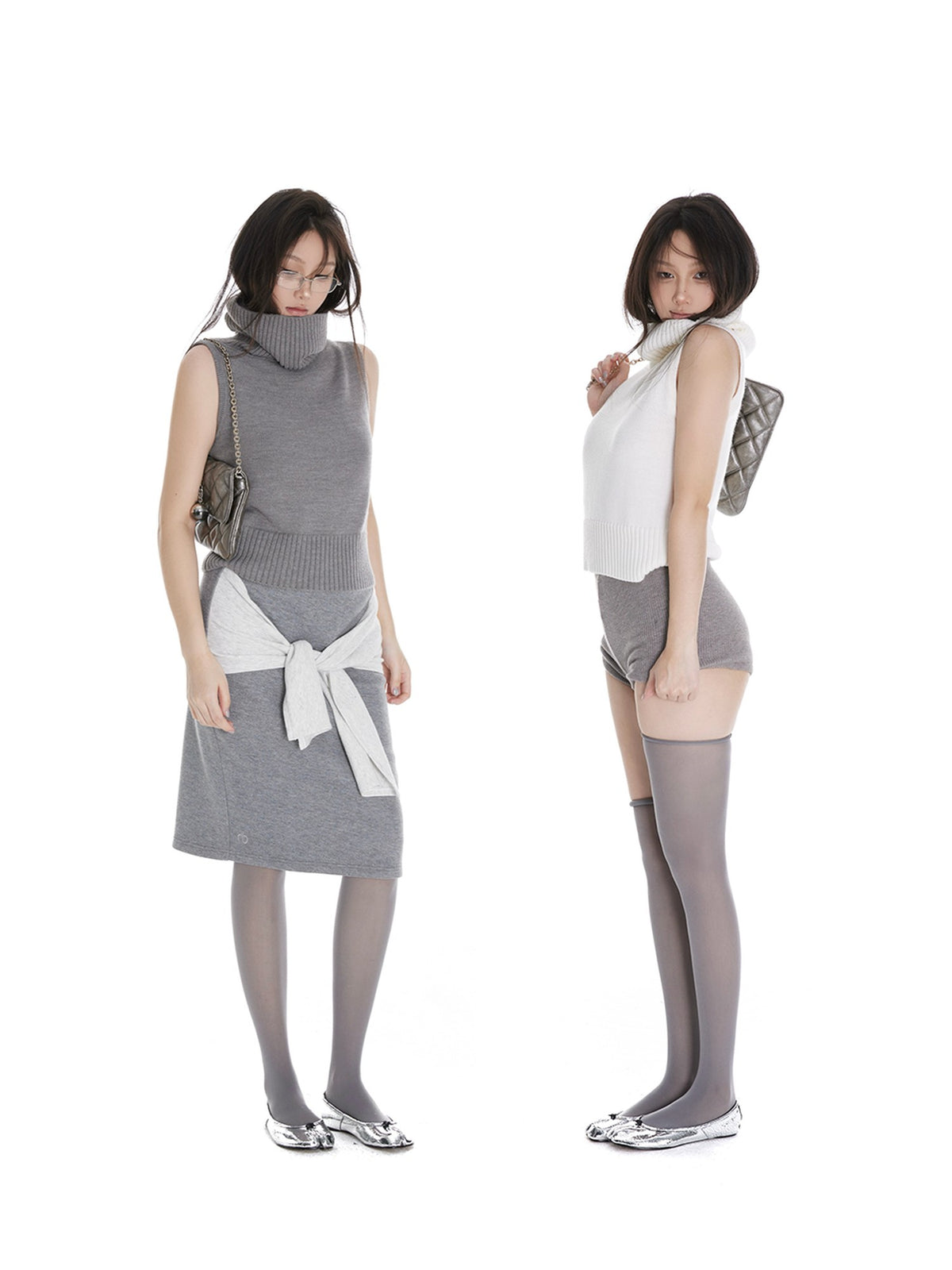 itsdinn Cropped High Neck Knitted Solid Women&