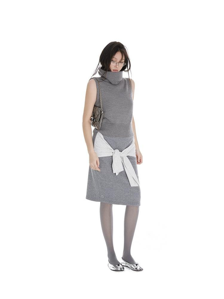 itsdinn Cropped High Neck Knitted Solid Women&