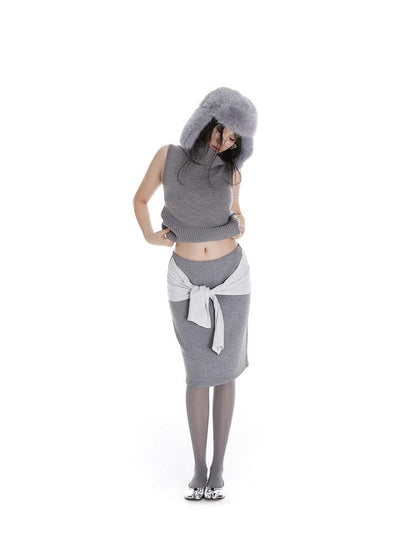 itsdinn Cropped High Neck Knitted Solid Women&