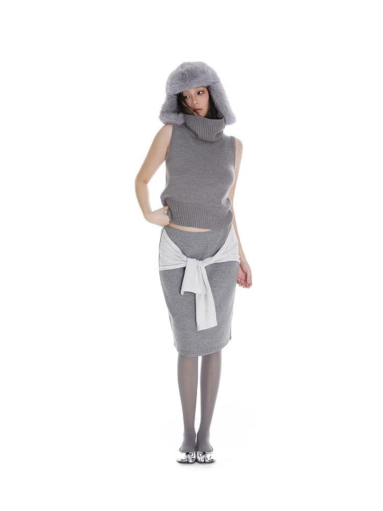 itsdinn Cropped High Neck Knitted Solid Women&