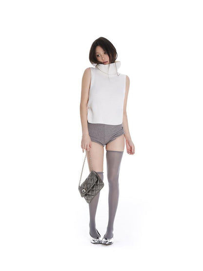 itsdinn Cropped High Neck Knitted Solid Women&