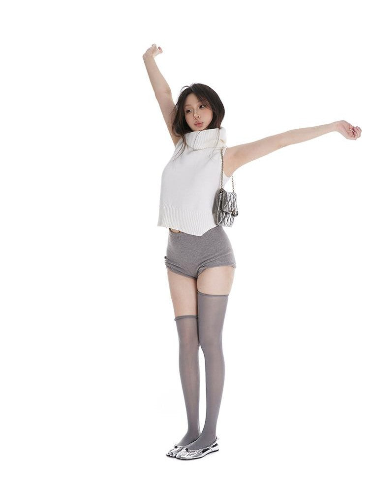 itsdinn Cropped High Neck Knitted Solid Women&
