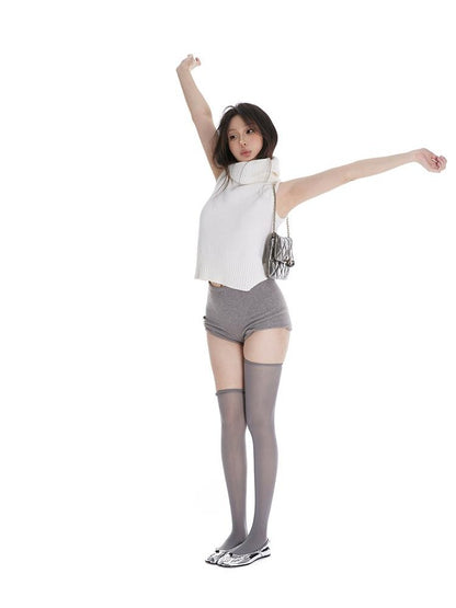 itsdinn Cropped High Neck Knitted Solid Women&