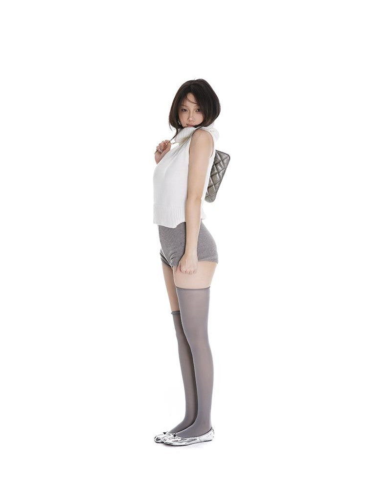 itsdinn Cropped High Neck Knitted Solid Women&