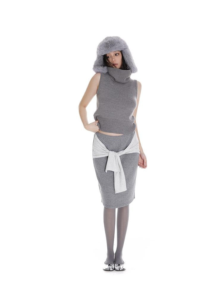 itsdinn Cropped High Neck Knitted Solid Women&