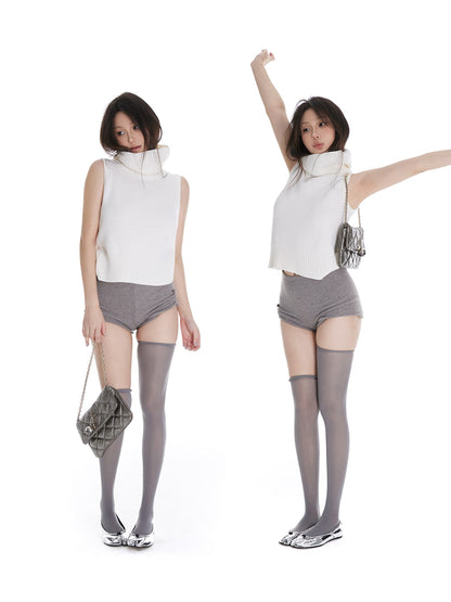 itsdinn Cropped High Neck Knitted Solid Women&