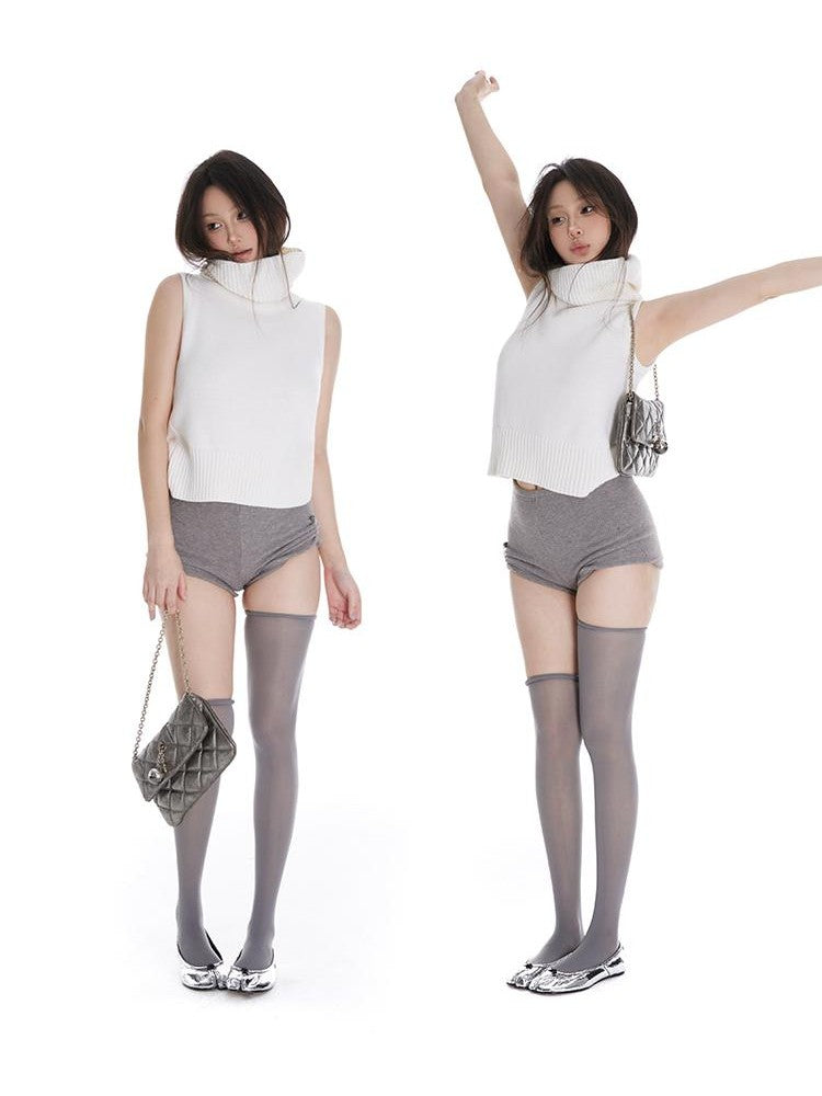 itsdinn Cropped High Neck Knitted Solid Women&