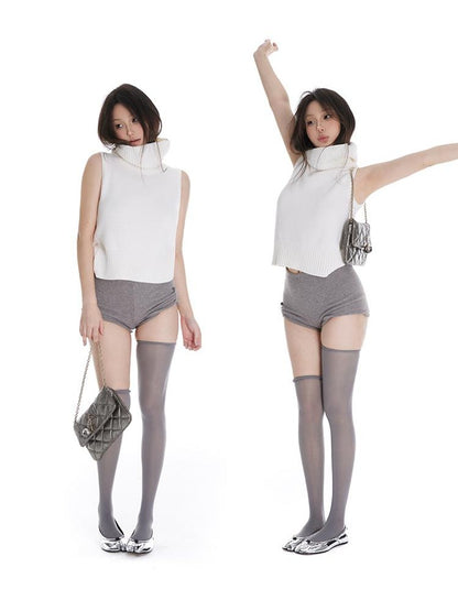 itsdinn Cropped High Neck Knitted Solid Women&
