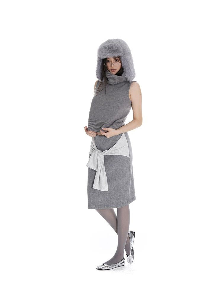 itsdinn Cropped High Neck Knitted Solid Women&