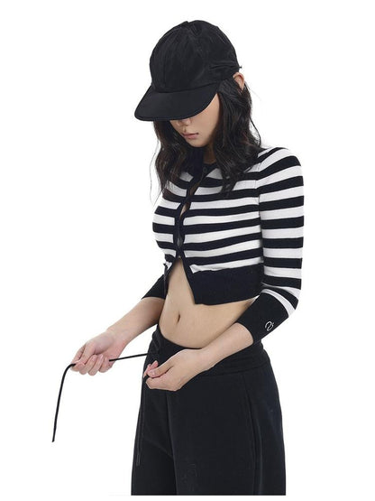 itsdinn Cropped Two Tone Striped Three Quarter Sleeve Women&