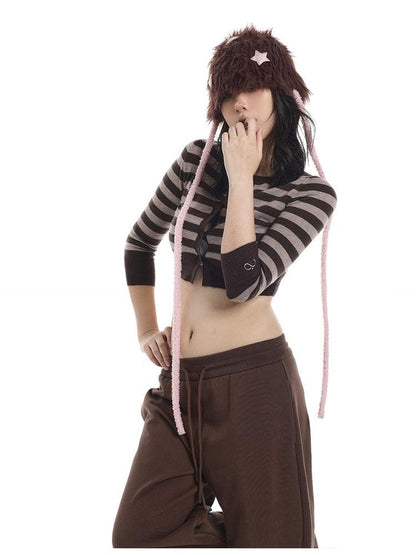 itsdinn Cropped Two Tone Striped Three Quarter Sleeve Women&