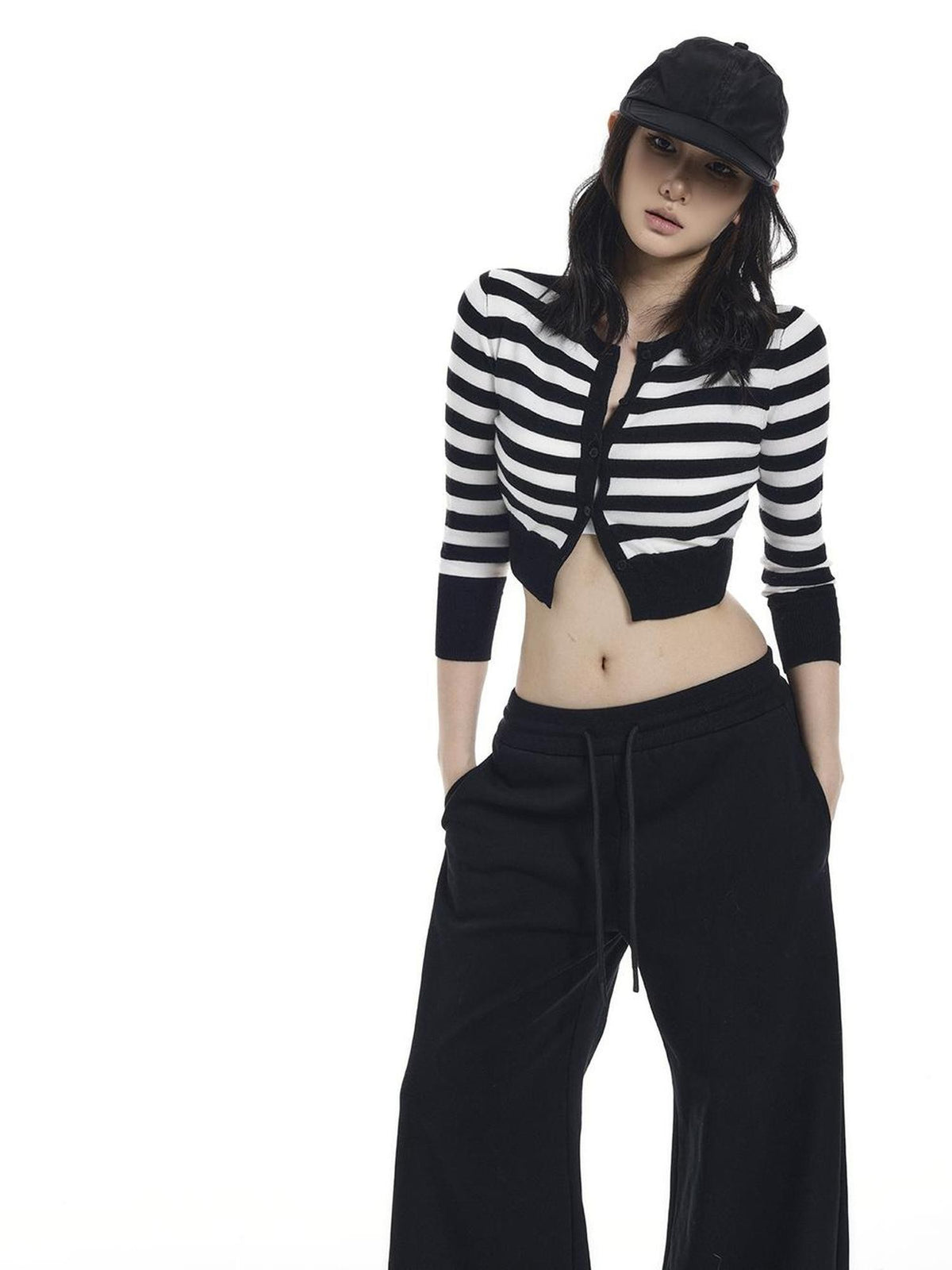 itsdinn Cropped Two Tone Striped Three Quarter Sleeve Women&