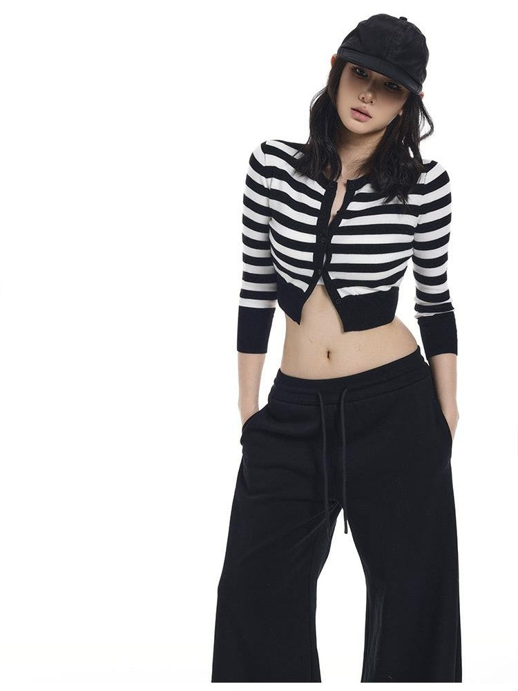 itsdinn Cropped Two Tone Striped Three Quarter Sleeve Women&