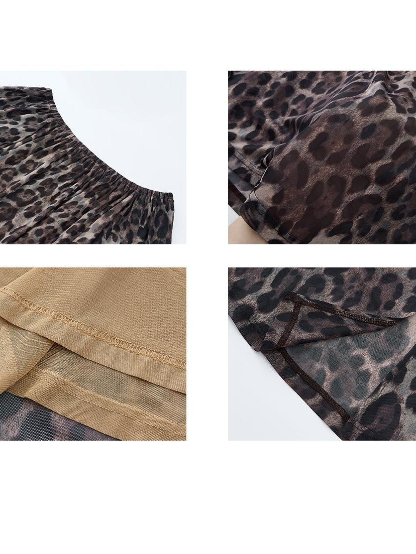 itsdinn Deep Brown Leopard Sheer Mesh Batwing Women&