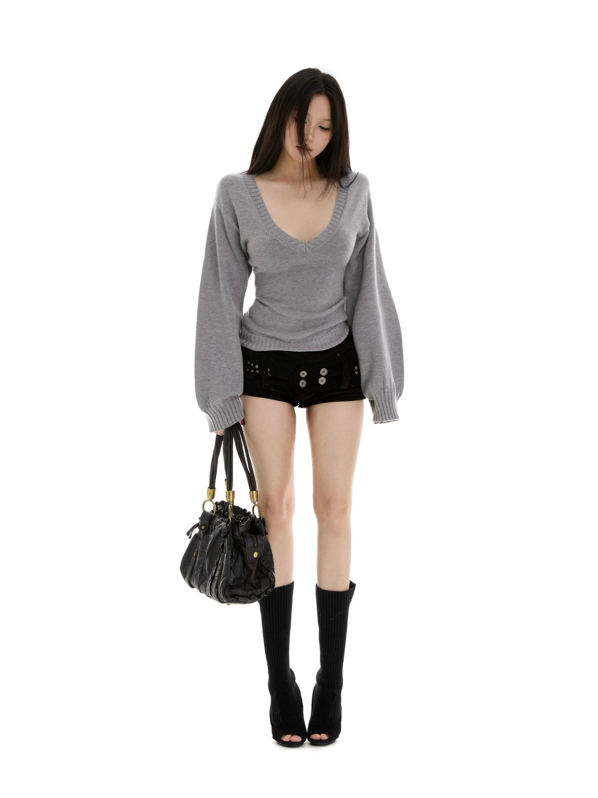 itsdinn Deep V-neck Waist Cinching Slim Fit Balloon Sleeve Women&