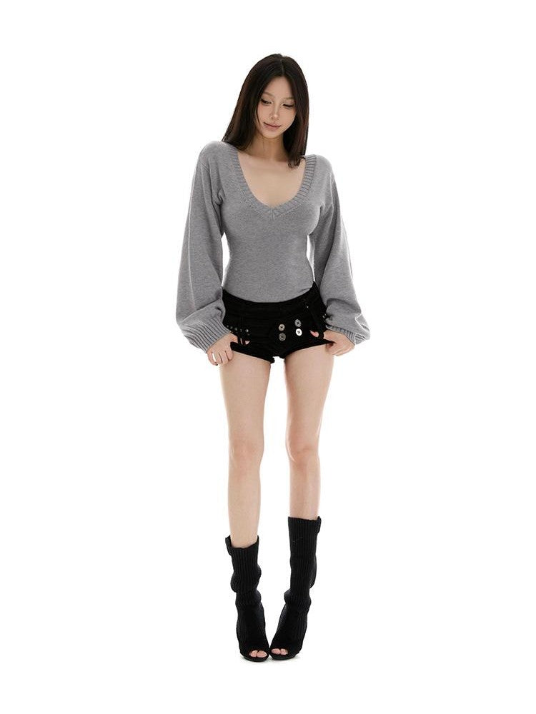 itsdinn Deep V-neck Waist Cinching Slim Fit Balloon Sleeve Women&
