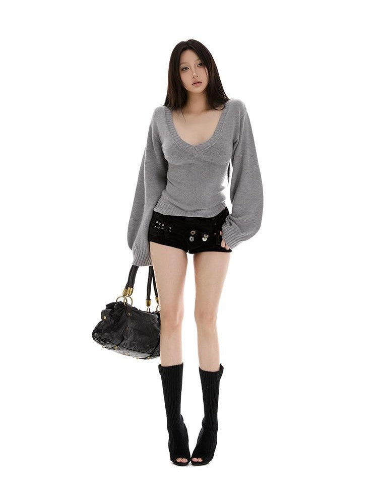 itsdinn Deep V-neck Waist Cinching Slim Fit Balloon Sleeve Women&