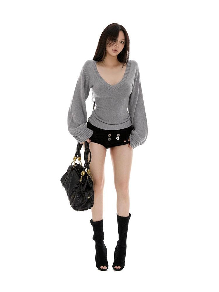 itsdinn Deep V-neck Waist Cinching Slim Fit Balloon Sleeve Women&