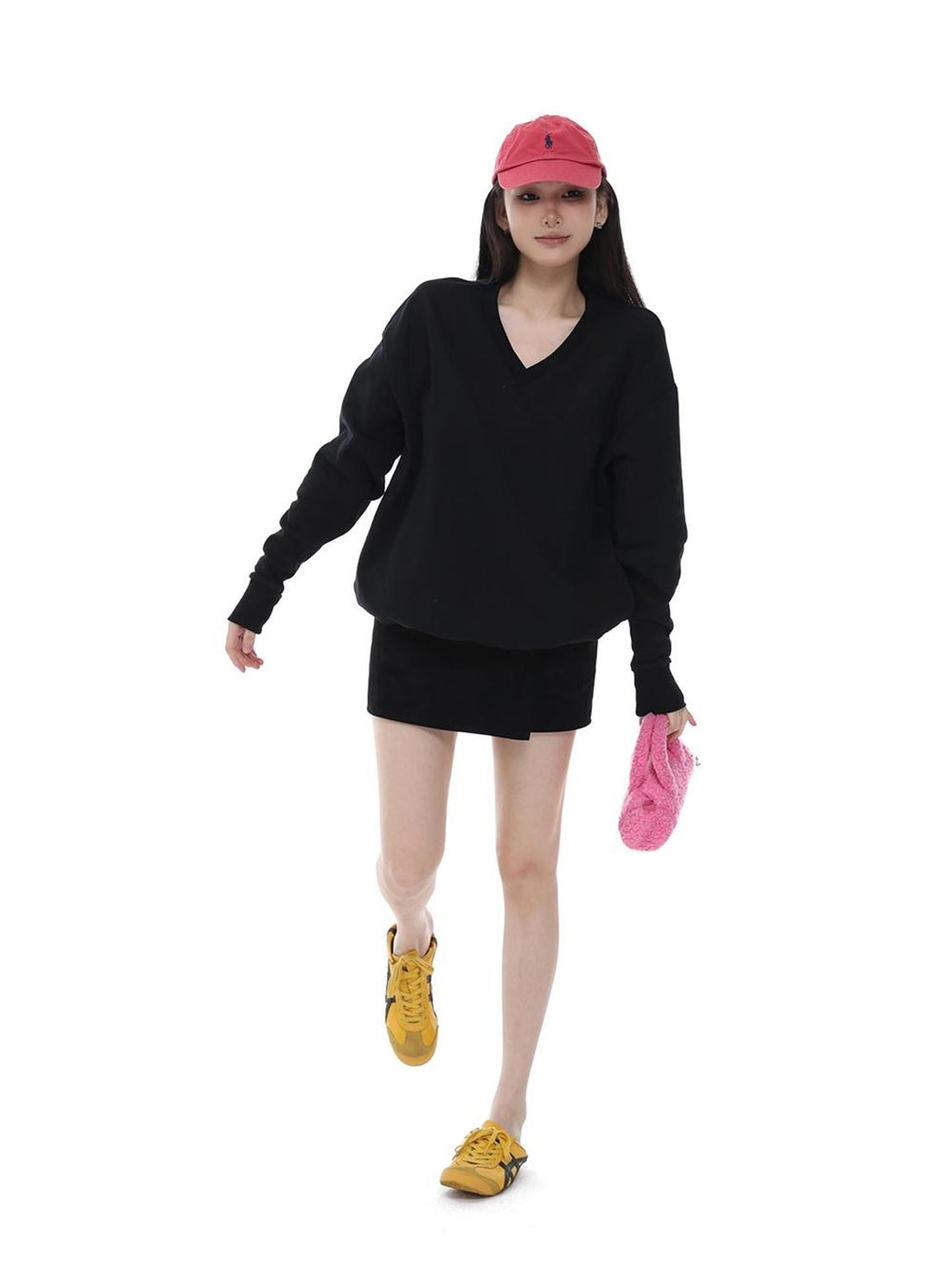 itsdinn Embroidered V-neck Batwing Sleeve Loose Fit Women&