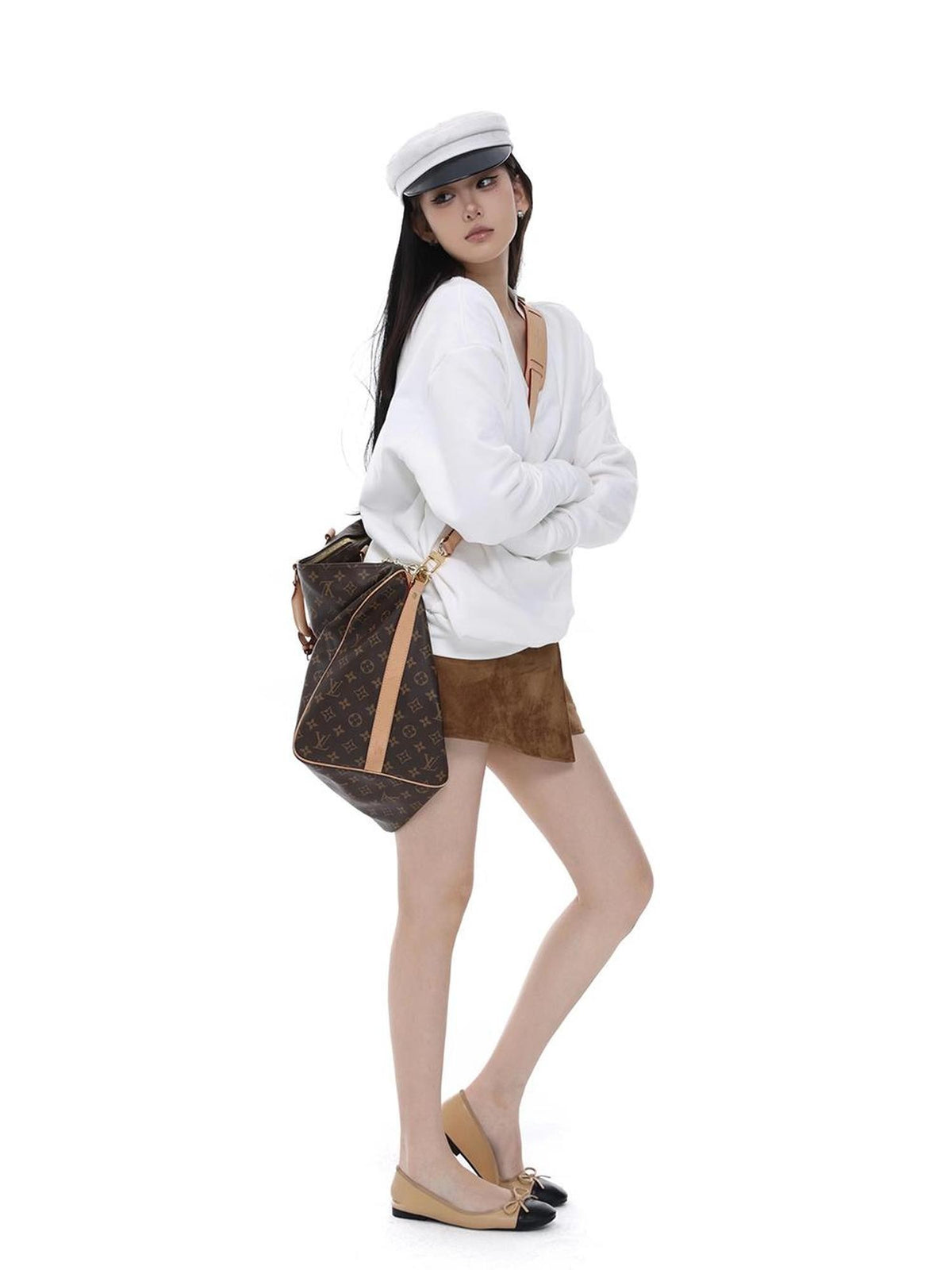 itsdinn Embroidered V-neck Batwing Sleeve Loose Fit Women&