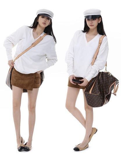 itsdinn Embroidered V-neck Batwing Sleeve Loose Fit Women&