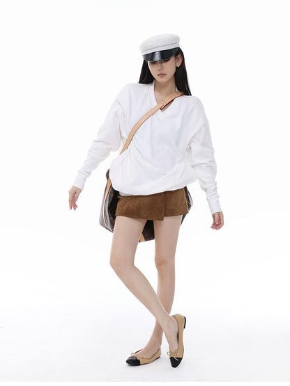 itsdinn Embroidered V-neck Batwing Sleeve Loose Fit Women&