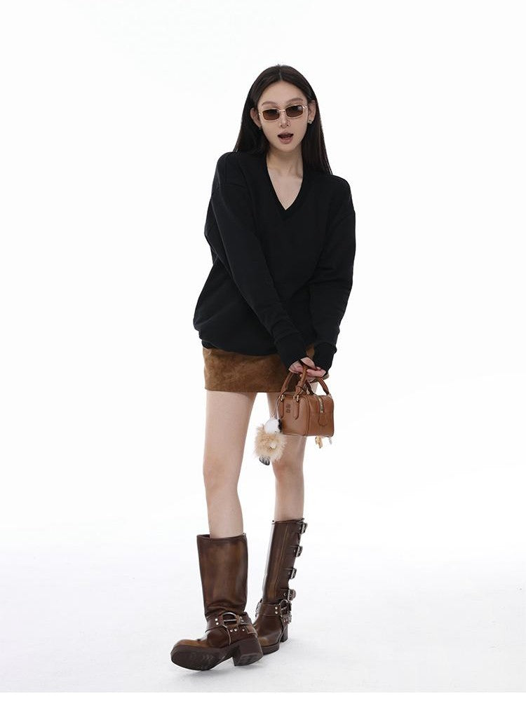 itsdinn Embroidered V-neck Batwing Sleeve Loose Fit Women&
