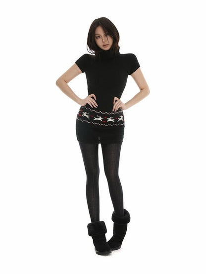 itsdinn Fair Isle Reindeer Knit Turtleneck Women&