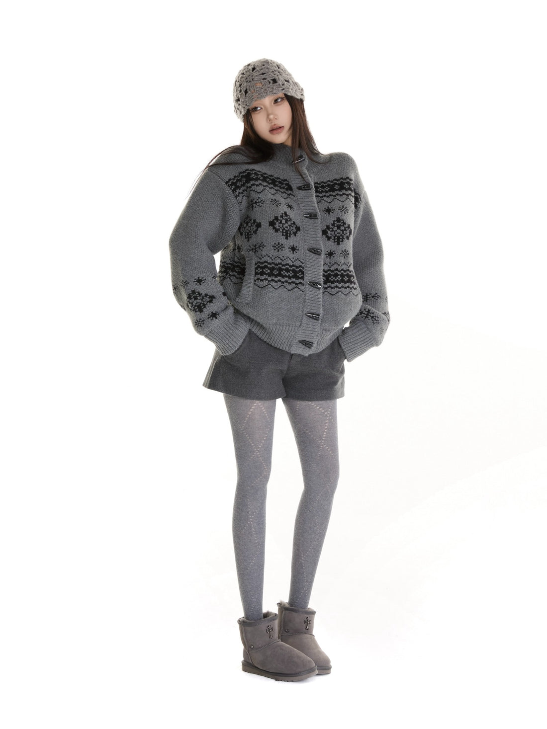 itsdinn Fair Isle Stand Collar Thick Knit Loose Fit Single Button Women&