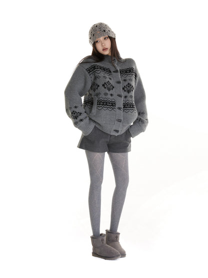 itsdinn Fair Isle Stand Collar Thick Knit Loose Fit Single Button Women&