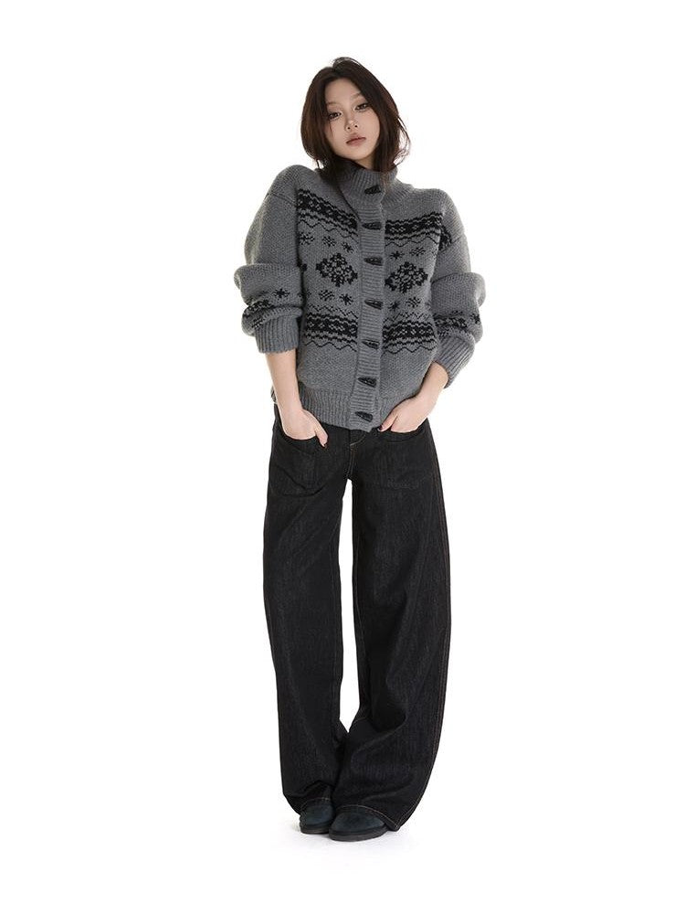 itsdinn Fair Isle Stand Collar Thick Knit Loose Fit Single Button Women&