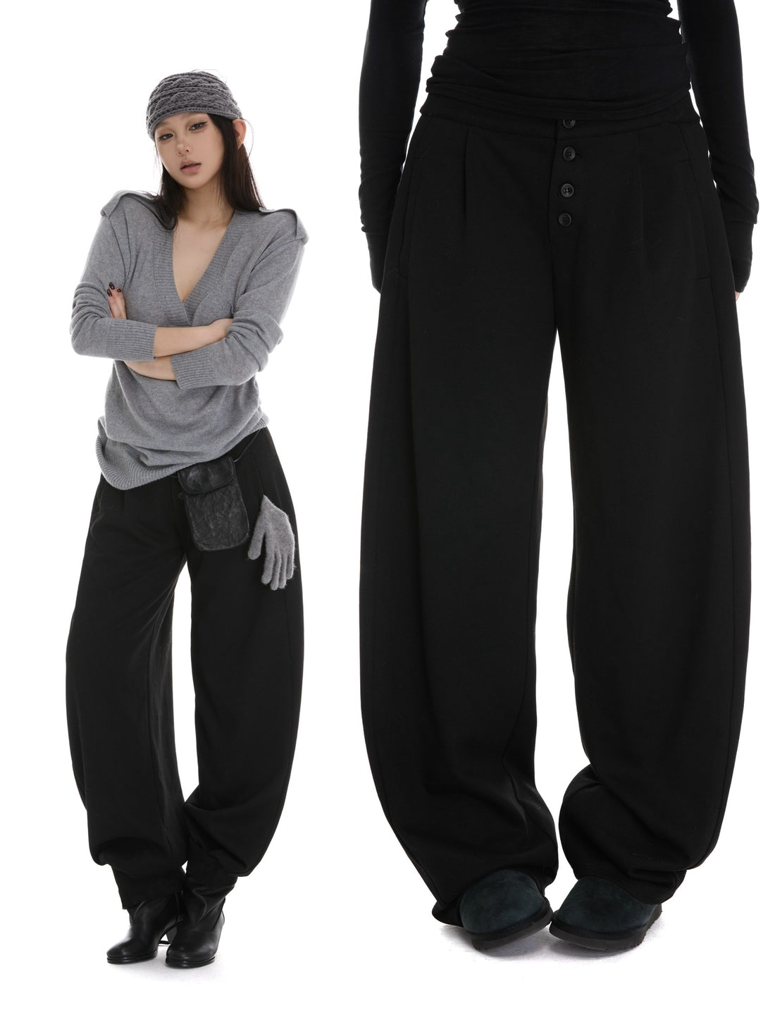 itsdinn Fleece Lined Curved Low Waist Button Women&