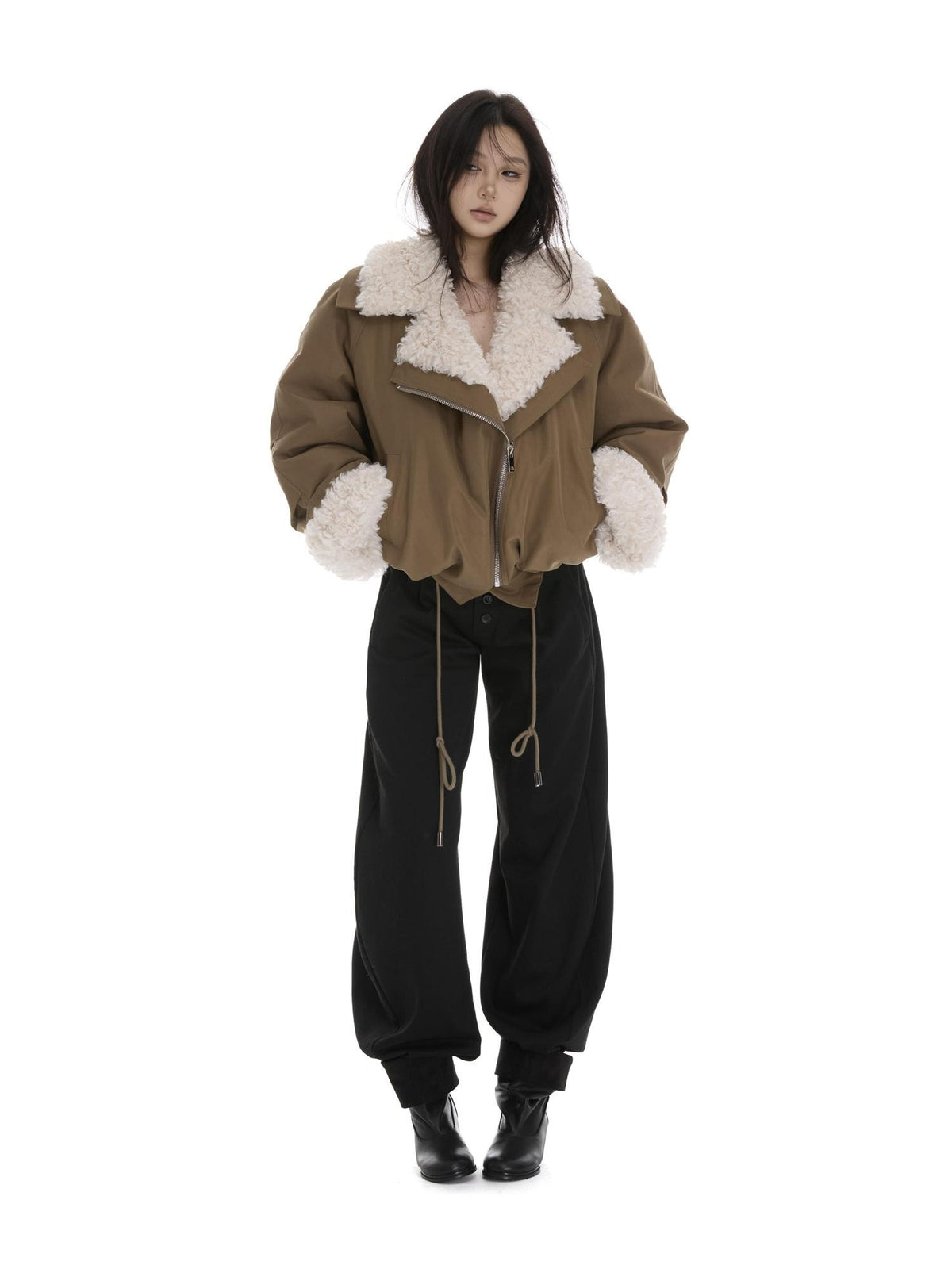 itsdinn Fleece Lined Curved Low Waist Button Women&