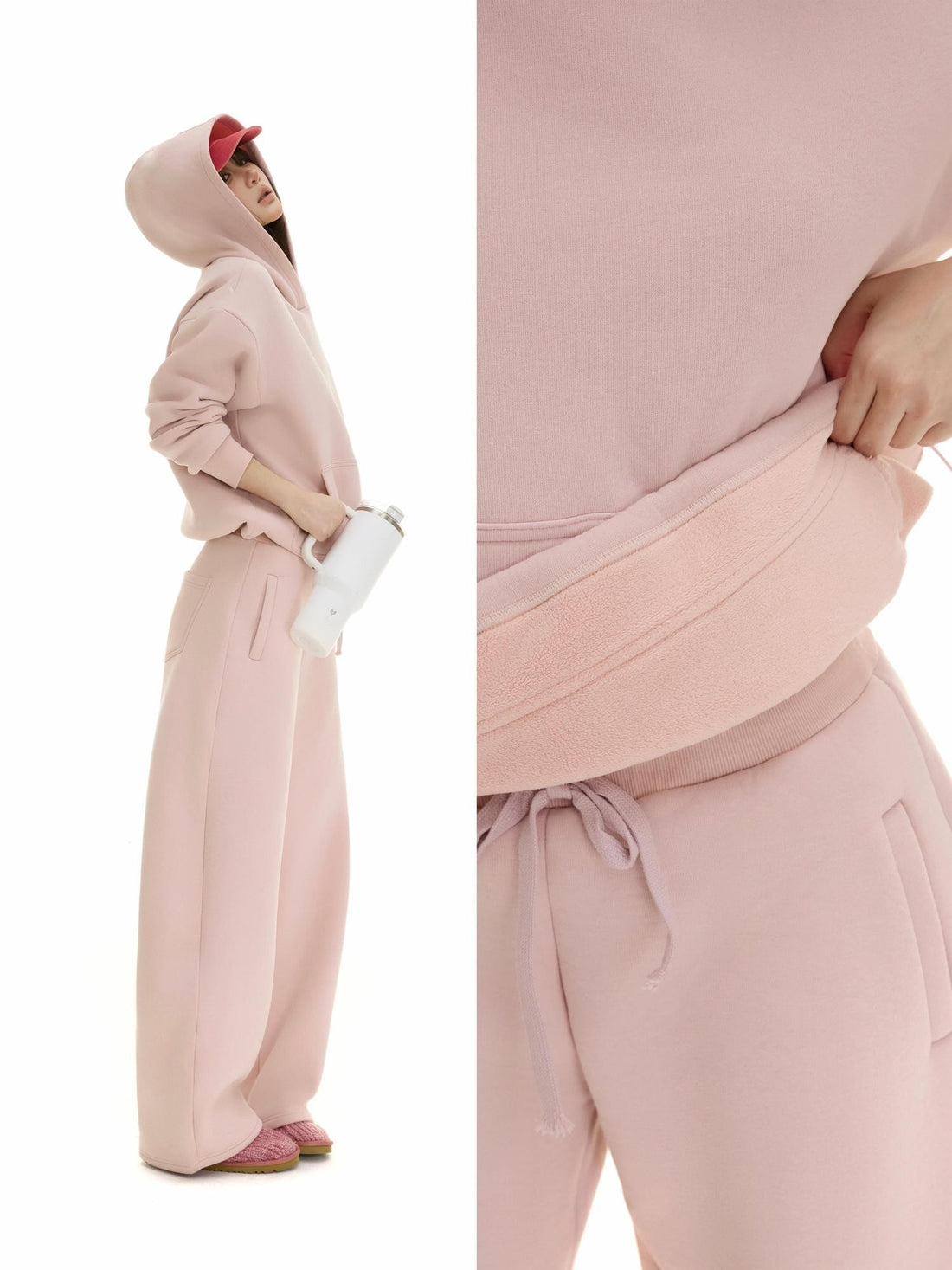 itsdinn Fleece Lined Hooded Drawstring Solid Color Women&