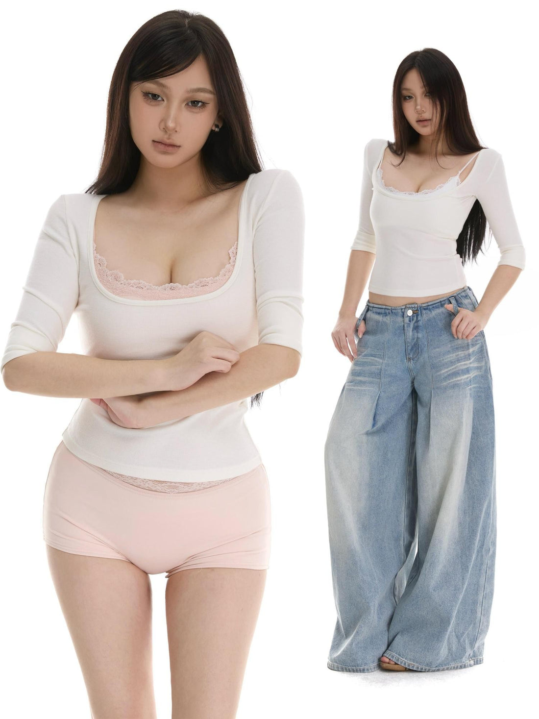 itsdinn Four Color Waffle Knit Square Neck Half Sleeve Women&