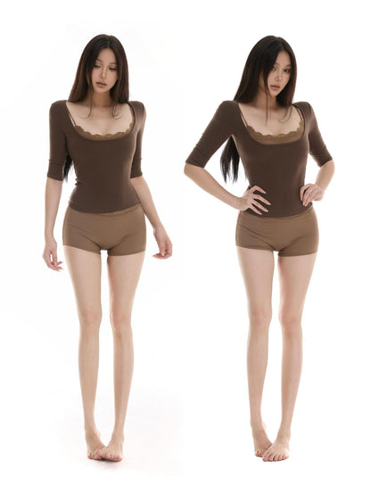 itsdinn Four Color Waffle Knit Square Neck Half Sleeve Women&