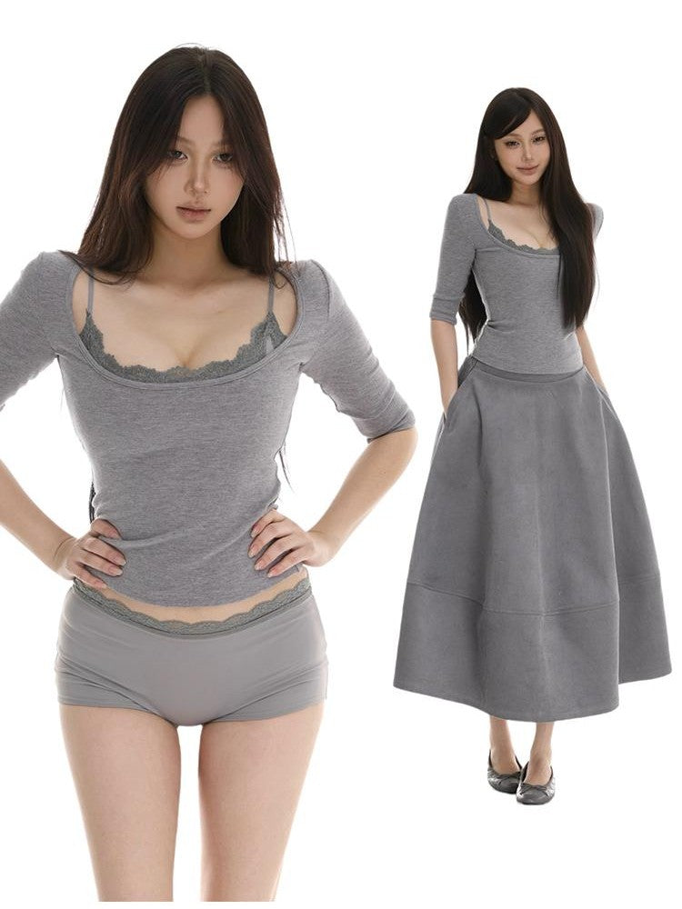 itsdinn Four Color Waffle Knit Square Neck Half Sleeve Women&