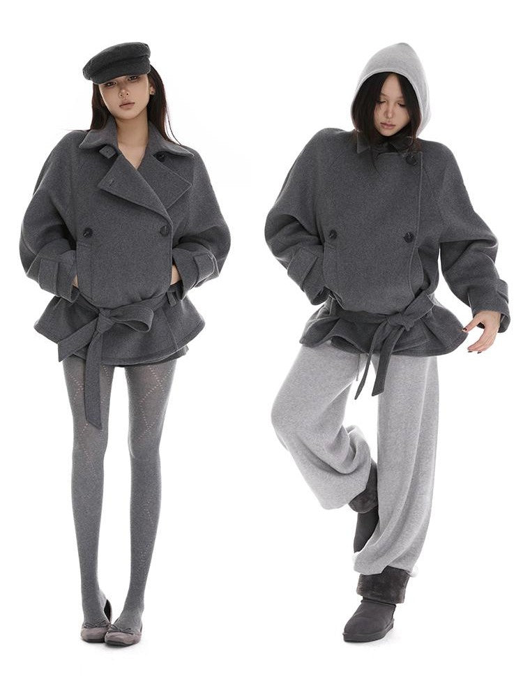 itsdinn Gray Asymmetrical Raglan Sleeve Double Breasted Women&