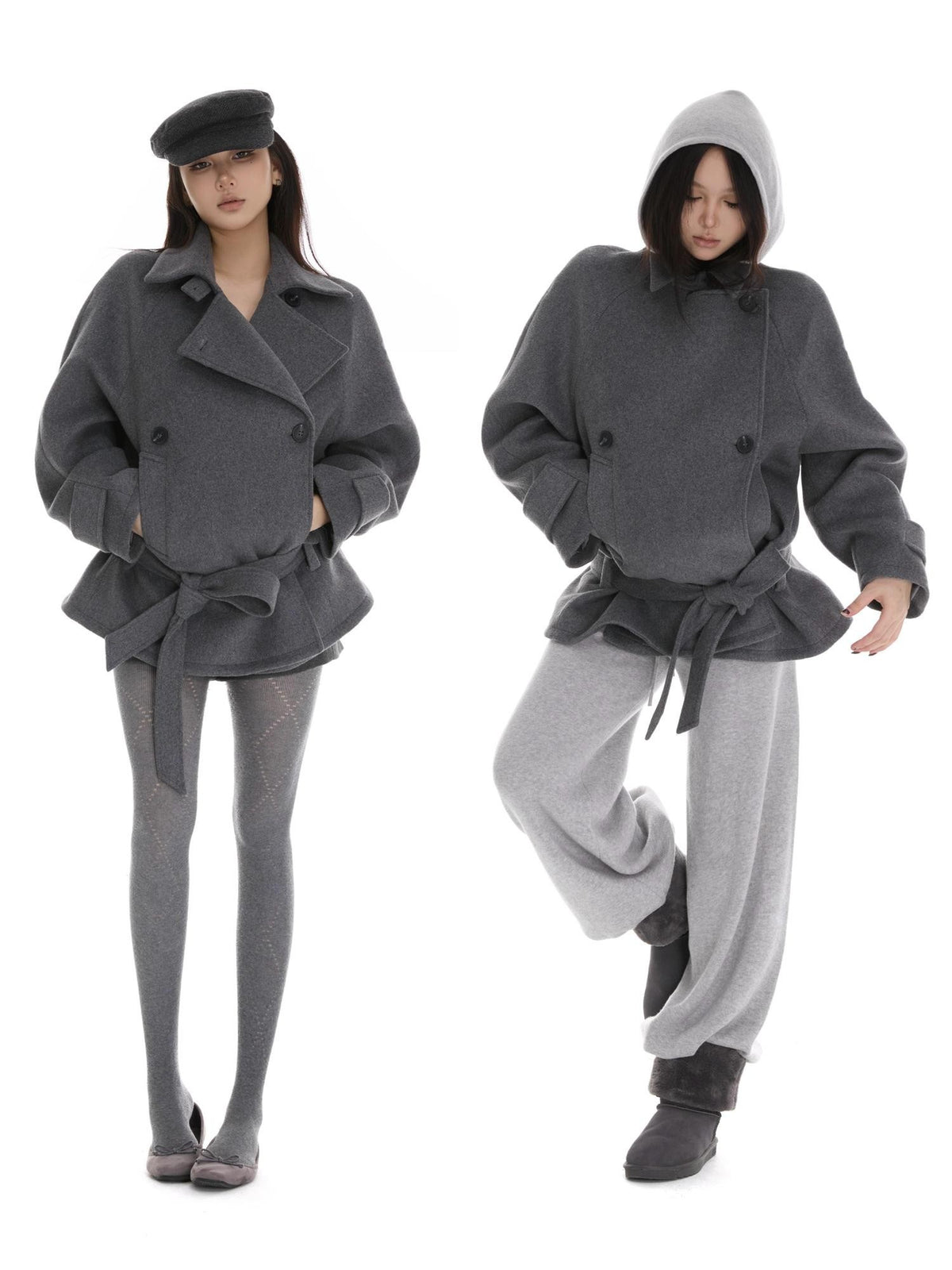 itsdinn Gray Asymmetrical Raglan Sleeve Double Breasted Women&
