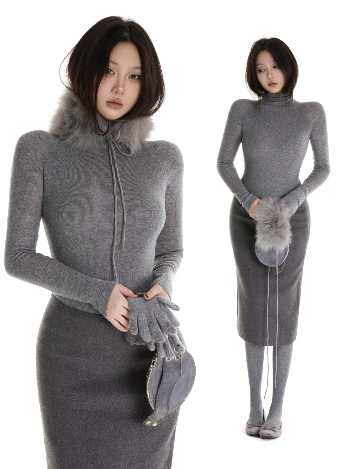itsdinn Gray Black Interwoven Turtleneck Slim Women&