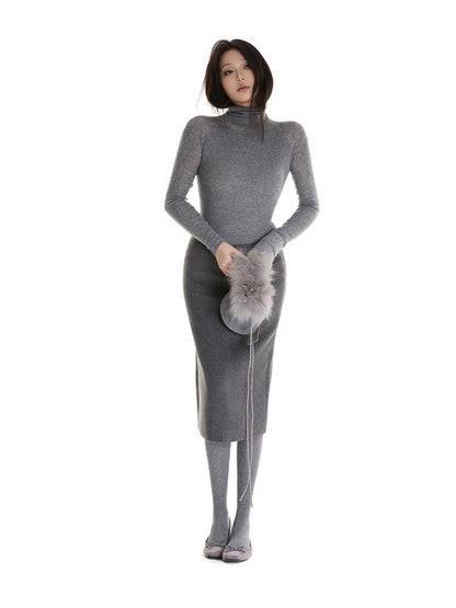 itsdinn Gray Black Interwoven Turtleneck Slim Women&