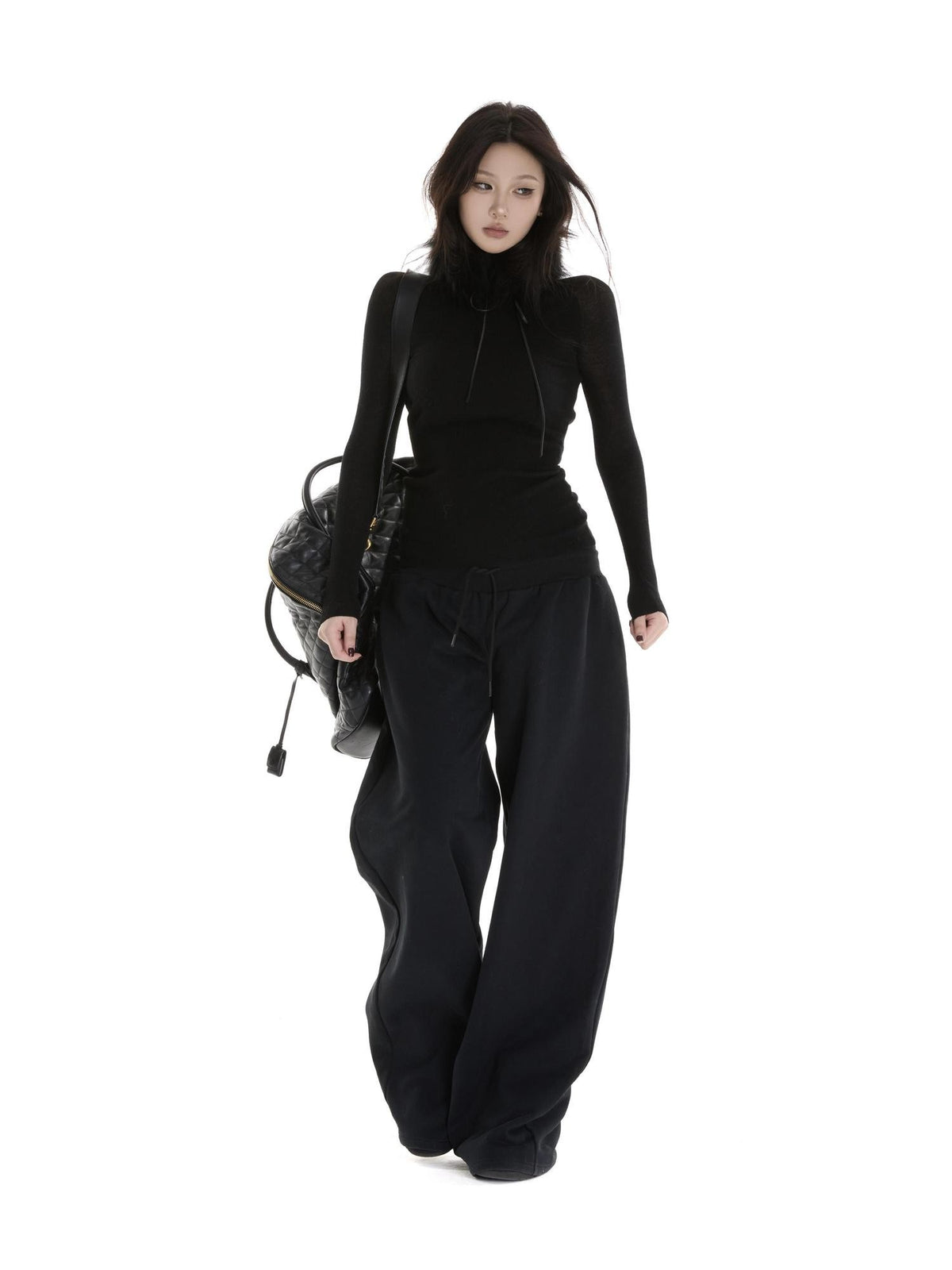 itsdinn Gray Black Interwoven Turtleneck Slim Women&