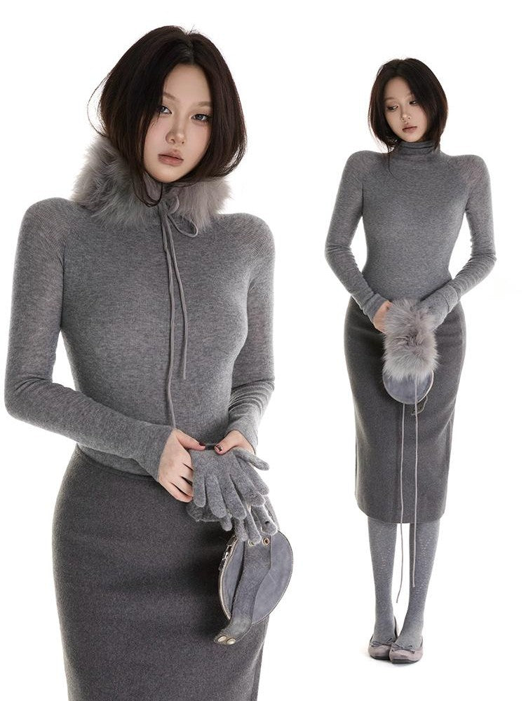 itsdinn Gray Black Interwoven Turtleneck Slim Women&