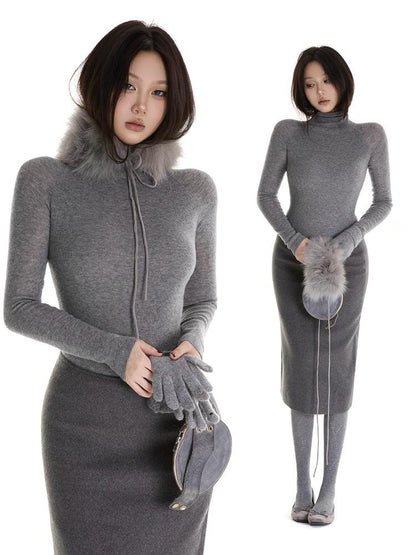 itsdinn Gray Black Interwoven Turtleneck Slim Women&