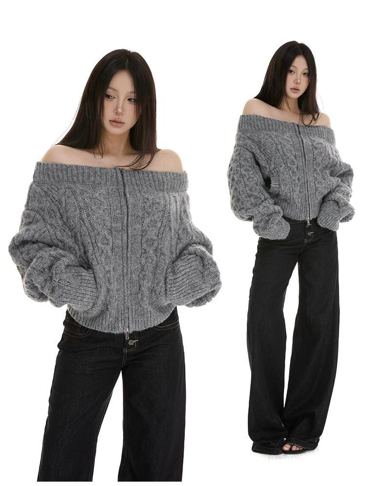 itsdinn Gray Cropped Cable Knit Zip Cardigan Women&