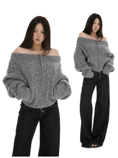 itsdinn Gray Cropped Cable Knit Zip Cardigan Women&