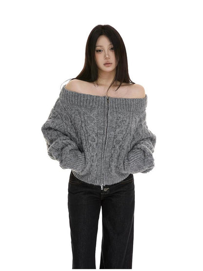 itsdinn Gray Cropped Cable Knit Zip Cardigan Women&